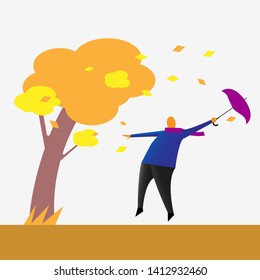 Autumn. Man blows the wind. Stylized shapes. Vector illustration