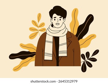 Autumn man in cloak and scarf. Autumnal male Portrait with Leaves. Minimalist hand drawing. Vector illustration 