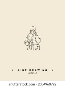 Autumn. A man in a jacket and a hat drawn by a line. A glass of coffee in hands. Drink takeaway coffee. Vector line drawings.