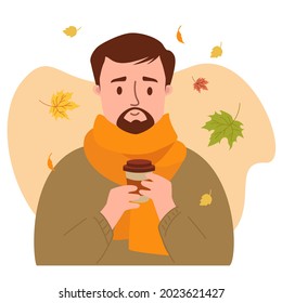 Autumn Man with a mustache and a beard in a sweater with a scarf drinks coffee on a background with autumn leaves. Vector illustration. Character in flat style for design, decor, postcards and print