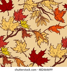 Autumn maple branches and seads seamless pattern