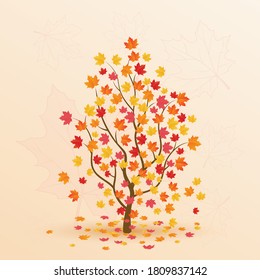 Autumn maple with falling yellow leaves. Autumn background with leaf fall.