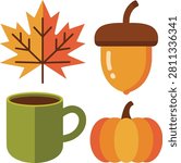 Autumn maple leaf acorn coffee cup and pumpkin fall season