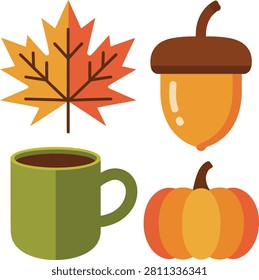 Autumn maple leaf acorn coffee cup and pumpkin fall season