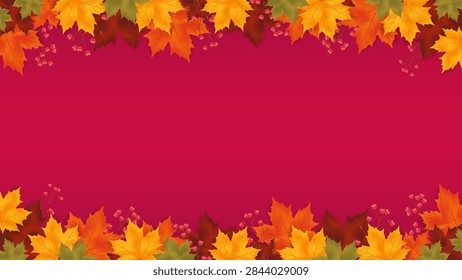 Autumn maple leaf border with red berries framing a vibrant red gradient background, seasonal fall foliage with spacious copy space for Thanksgiving, harvest sale, holiday promotion, banner, flyer