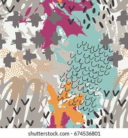 Autumn maple leaf and doodle seamless pattern. Hand drawn doodle, grunge, scribble textures. Abstract and natural elements background for fall design. Hand painted illustration