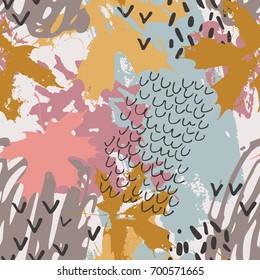 Autumn maple leaf and doodle seamless pattern. Hand drawn doodle, grunge, scribble textures. Abstract and natural elements background for fall design. Hand painted illustration