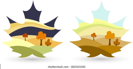  Autumn maple leaf with a landscape, nature drawing on a maple leaf.