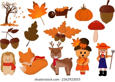 Autumn. Maple leaf, oak, poplar, physalis, acorn, rowan, pumpkin, umbrella. 3d vector icon set