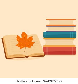 Autumn maple leaf on an open book and stack of books. Flat style illustration on editable background. Part of an autumn-themed collection