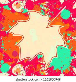 Autumn maple leaf over bright orange artistic paint background, blank frame with room for text, square format.
