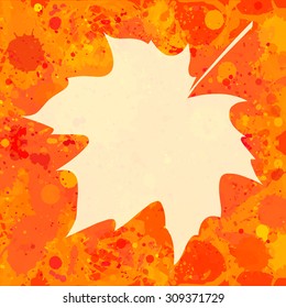 Autumn maple leaf over bright orange artistic paint background, blank frame with room for text, square format.