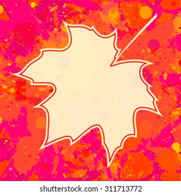 Autumn maple leaf over bright orange artistic paint background, blank frame with room for text, square format.