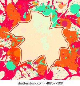 Autumn maple leaf over bright orange artistic paint background, blank frame with room for text, square format.