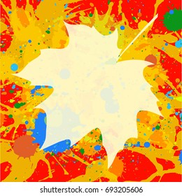 Autumn maple leaf over bright orange artistic paint background, blank frame with room for text, square format.