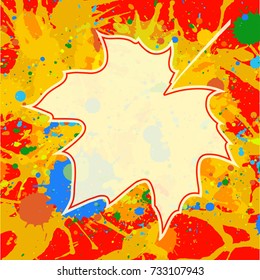 Autumn maple leaf over bright orange artistic paint background, blank frame with room for text, square format.
