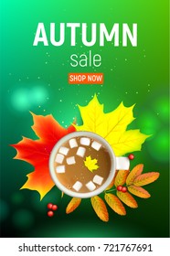Autumn maple leaf and rowan branches with ashberry and cup of coffee with marshmallow on a green background. Vector illustration