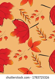 Autumn maple leaf seamless background, fall season image, vector illustration, doodle drawing style