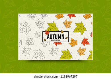 Autumn maple leaf seamless pattern. Fall leaves texture. Seasonal web banner template with leaf pattern. Frame with acorn and autumn maple leaves. Leaflet with copy space for text. Fall season. Vector