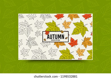 Autumn maple leaf seamless pattern. Fall leaves texture. Seasonal web banner template with leaf pattern. Frame with acorn and autumn maple leaves. Leaflet with copy space for text. Fall season. Vector