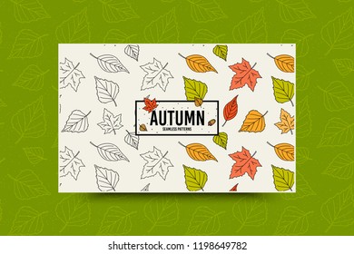 Autumn maple leaf seamless pattern. Fall leaves texture. Seasonal web banner template with leaf pattern. Frame with acorn and autumn maple leaves. Leaflet with copy space for text. Fall season. Vector