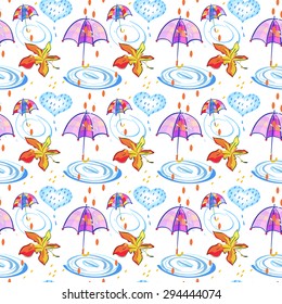 Autumn Maple leaf, Umbrella, Hearts and Rain Drops. Seamless Pattern for wrapping paper, textiles or design websites