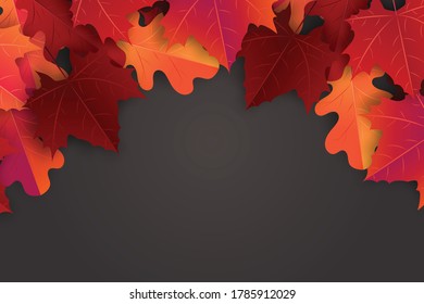 Autumn maple leaves background. Fall banner template. Red and orange foliage. Thanksgiving season holiday concept. Realistic 3d vector illustration.