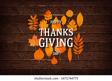 Autumn maple leaves and berries on old wooden backgound. Thanksgiving greeting card. Vector illustration