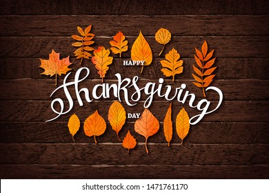 Autumn maple leaves and berries on old wooden backgound. Thanksgiving greeting card. Vector illustration