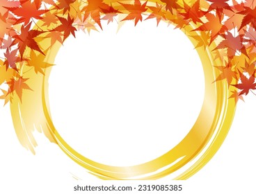 Autumn maple leaves and brush circle, Japanese style frame, vector illustration