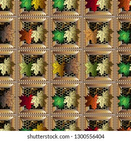 Autumn maple leaves colorful checkered 3d vector seamless pattern. Geometric ornamental floral background. Repeat lace grid lattice backdrop. Gold square frames with ornate ornament. Wallpaper, fabric