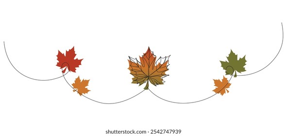 Autumn maple leaves in continuous one line art style. Simple vector illustration