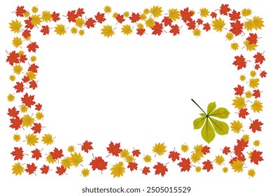 Autumn maple leaves are flying in the wind. The frame is made of autumn leaves. Copy space.