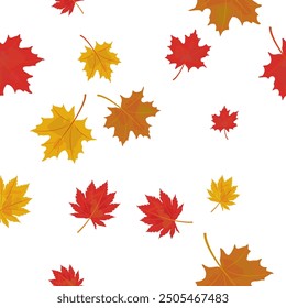 Autumn maple leaves are flying in the wind. Seamless pattern is made of autumn leaves.