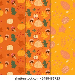 Autumn maple leaves, mushrooms, pumpkins seamless pattern, colorful autumn vector pattern series