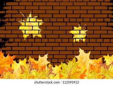 Autumn maple leaves on brick wall  background. Vector illustration