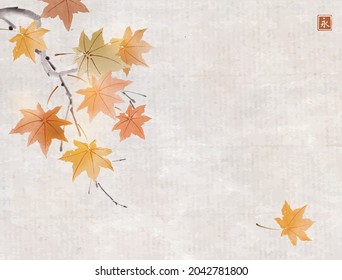 Autumn maple leaves on vintage background. Traditional Japanese ink wash painting sumi-e. Hieroglyph - eternity.