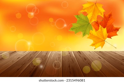 Autumn maple leaves on wooden table.Falling leaves natural background