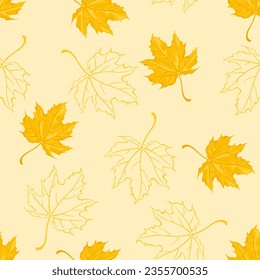 Autumn maple leaves on yellow background. Nature seamless pattern. Vector illustration.