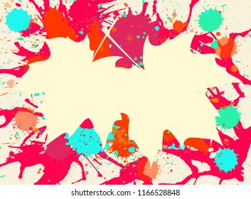 Autumn maple leaves over bright orange artistic paint background, blank frame with room for text, horizontal format.