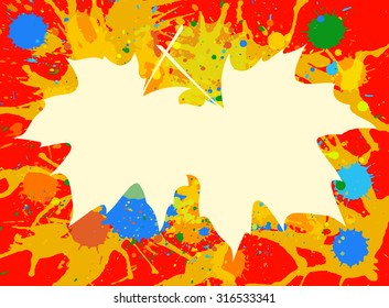 Autumn maple leaves over bright orange artistic paint background, blank frame with room for text, horizontal format.