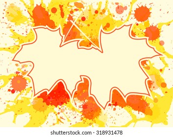 Autumn maple leaves over bright orange artistic paint background, blank frame with room for text, horizontal format.