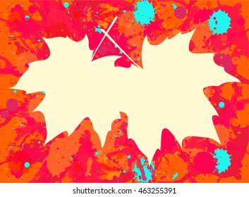 Autumn maple leaves over bright orange artistic paint background, blank frame with room for text, horizontal format.