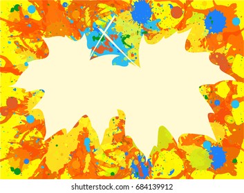 Autumn maple leaves over bright orange artistic paint background, blank frame with room for text, horizontal format.