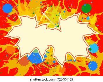 Autumn maple leaves over bright orange artistic paint background, blank frame with room for text, horizontal format.