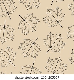 Autumn maple leaves pattern. Falling leaf seamless background in line art style. Autumn mood forest print for textile or wrapping paper.