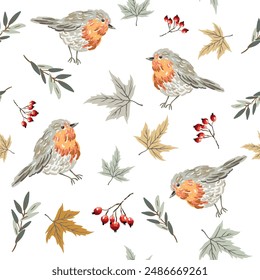 Autumn maple leaves, red berries, robin birds, white background. Vector seamless pattern. Fall season illustration. Nature design