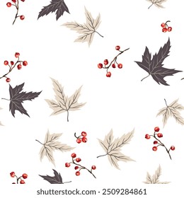 Autumn maple leaves, red berries, white background. Vector seamless pattern. Fall season illustration. Forest and garden nature design