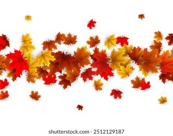 Autumn maple leaves in vibrant red, orange, and yellow scattered horizontally across a white background. Vector design.