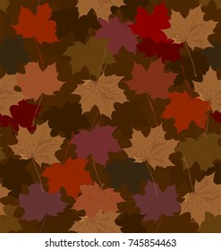 Autumn maple leaves in yellow, orange, purple, gold and brown colors a seamless pattern on a brown red background.